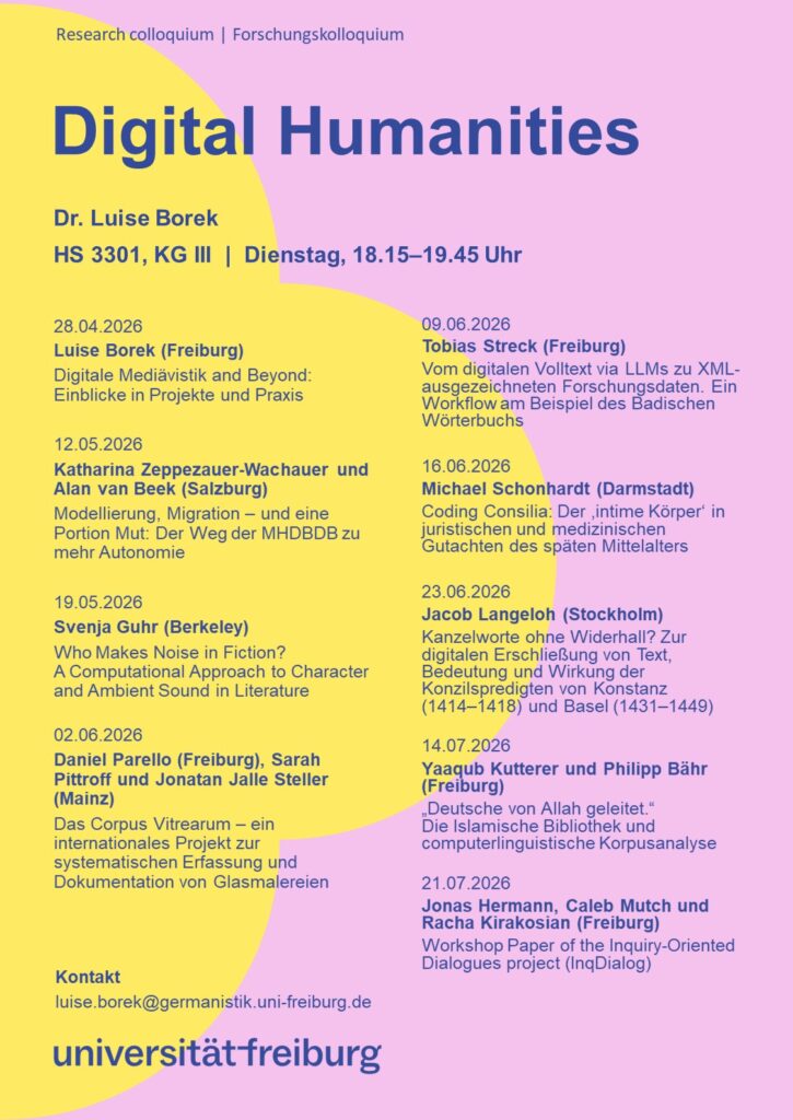 poster listing all talks of the 2026 research colloquium on digital humanities hosted by luise borek at freiburg university